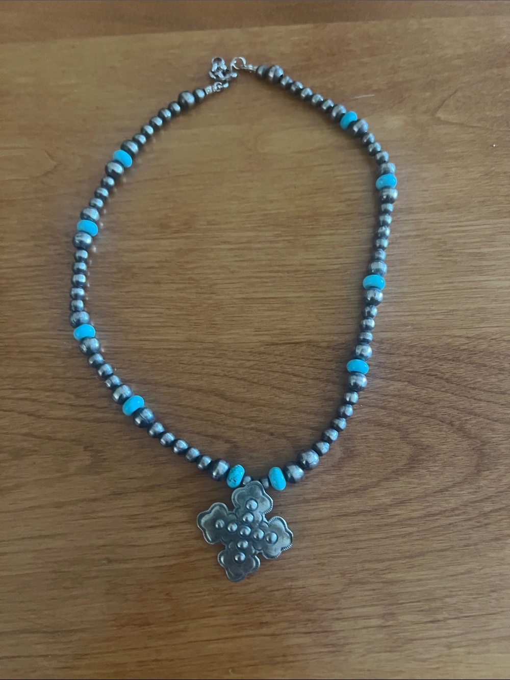 Turquoise Accent Silver Bead Necklace with Floral Cross Pendant